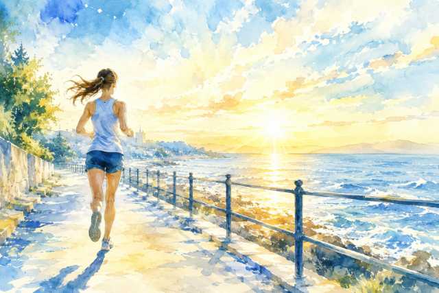 watercolor-female-coastal-sunrise-running-promenade