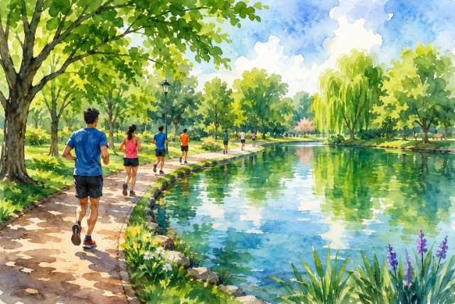 watercolor-group-runners-lakeside-park-trail