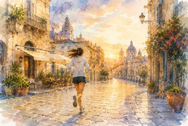 watercolor-historic-cobblestone-town-female-runner