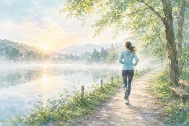 watercolor-misty-sunrise-lakeside-jogger