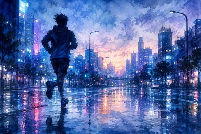 watercolor-neon-rainy-city-night-runner