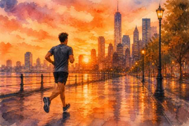 watercolor-orange-sunset-city-riverwalk-runner