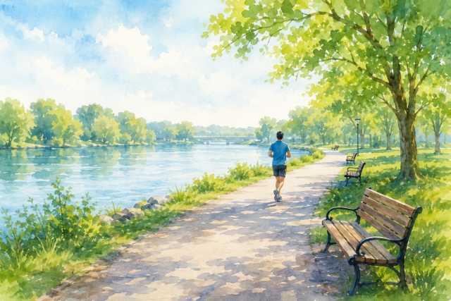 watercolor-riverside-park-runner-with-benches