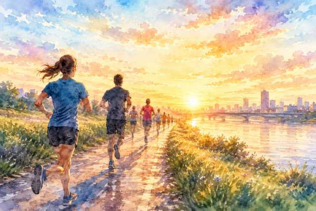 watercolor-riverside-sunset-group-run-trail