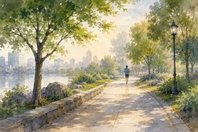 watercolor-sunlit-city-river-park-runner