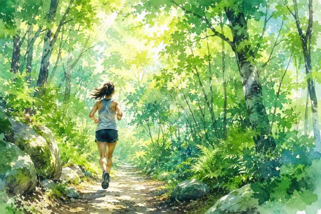 watercolor-sunlit-forest-trail-female-runner