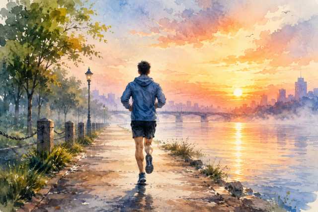 watercolor-sunset-riverwalk-runner-city-skyline
