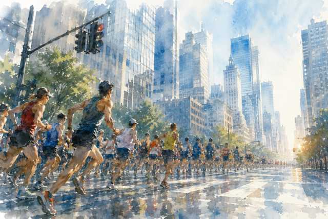 watercolor-urban-marathon-runners-skyscraper-street